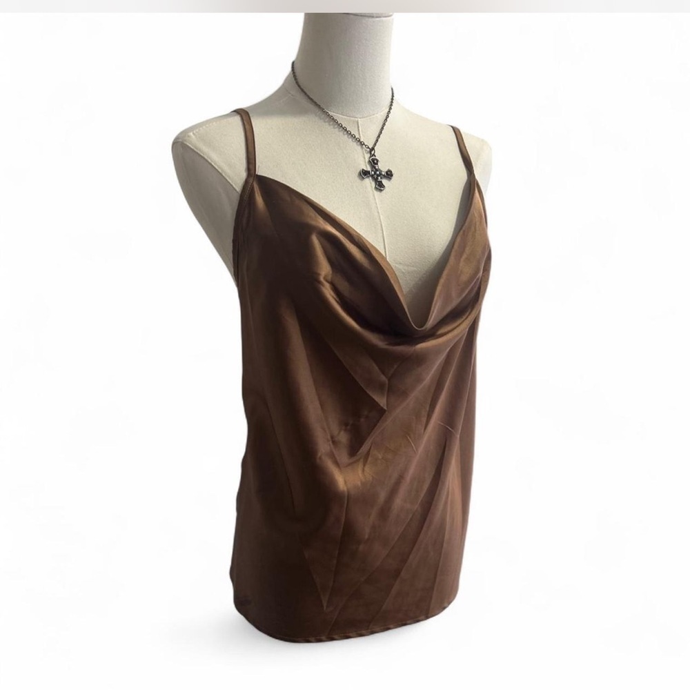 Brown Satin Cami Cowl Spaghetti Strap Blouse Woman’s XXL Plus Size Simplee